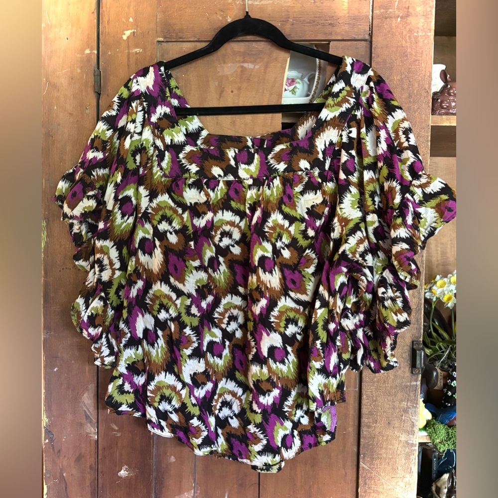 Terra & Sky Purple and Green Patterned Blouse w Butterfly Ruffle Sleeves 1X XL